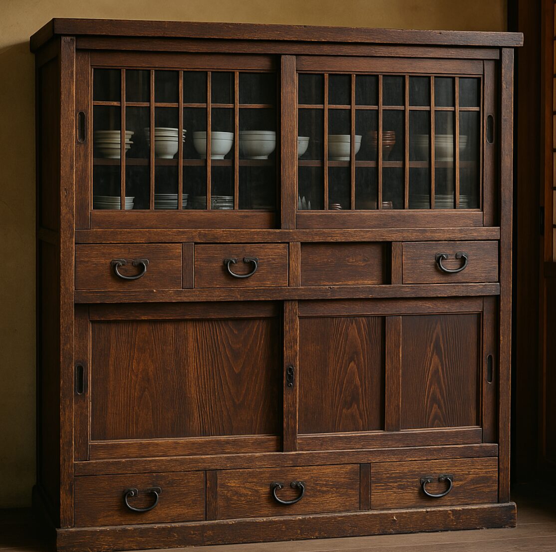 レトロ食器棚入荷✨ アーチ型のガラス戸が可愛い、大きめサイズの食器棚なので、食器やお気に入りの小物達を並べても素敵ですね😊 ＊サイズ 高さ180㎝  横幅87㎝ 奥行き29.5㎝ #昭和レトロ#食器棚#レトロインテリア#家具#棚#レトロ雑貨#古き良きもの#懐かしのあれ#あの頃 ... 昭和レトロ　食器棚