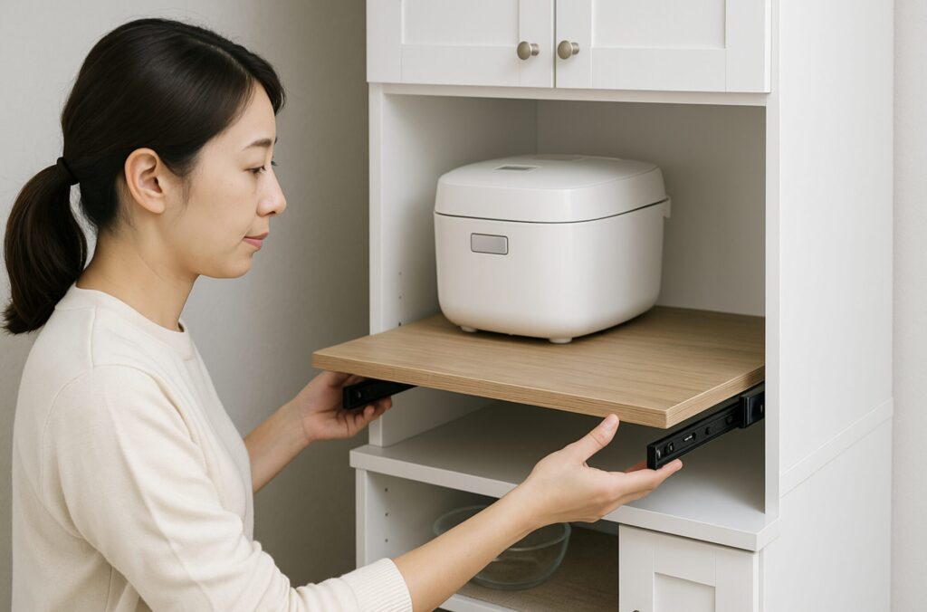 食器棚の炊飯器スライドはいらない。DIYで使いやすさをアップする方法