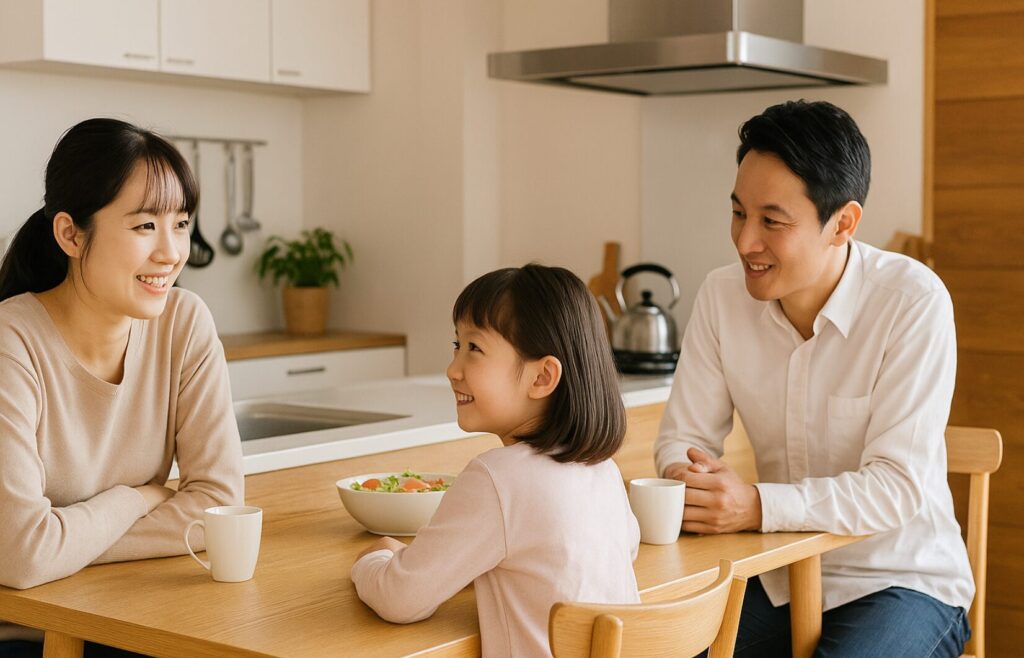 キッチンカウンターで食事。カウンターキッチンが人気の理由