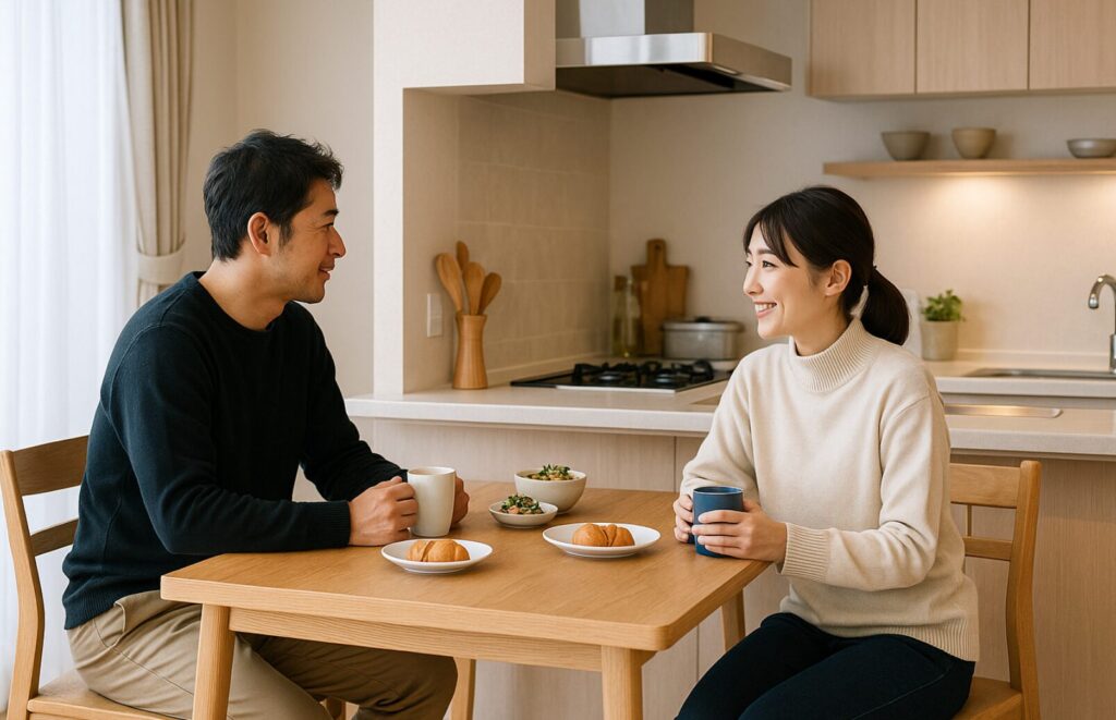 一体型のキッチンカウンター兼ダイニングテーブルで食事