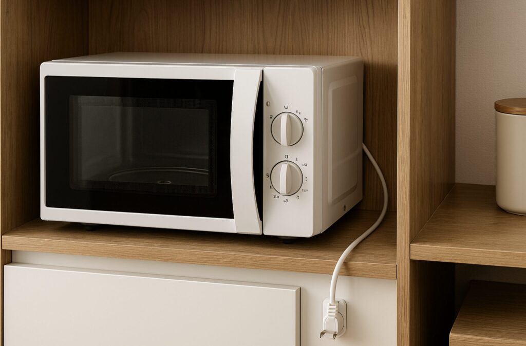 キッチンカウンター、電子レンジの配線隠しテクニック