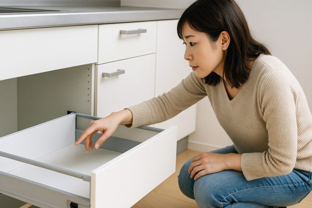タカラスタンダードキッチンの引き出しレールの外し方。レール式の引き出しが勝手に開くのはなぜ?