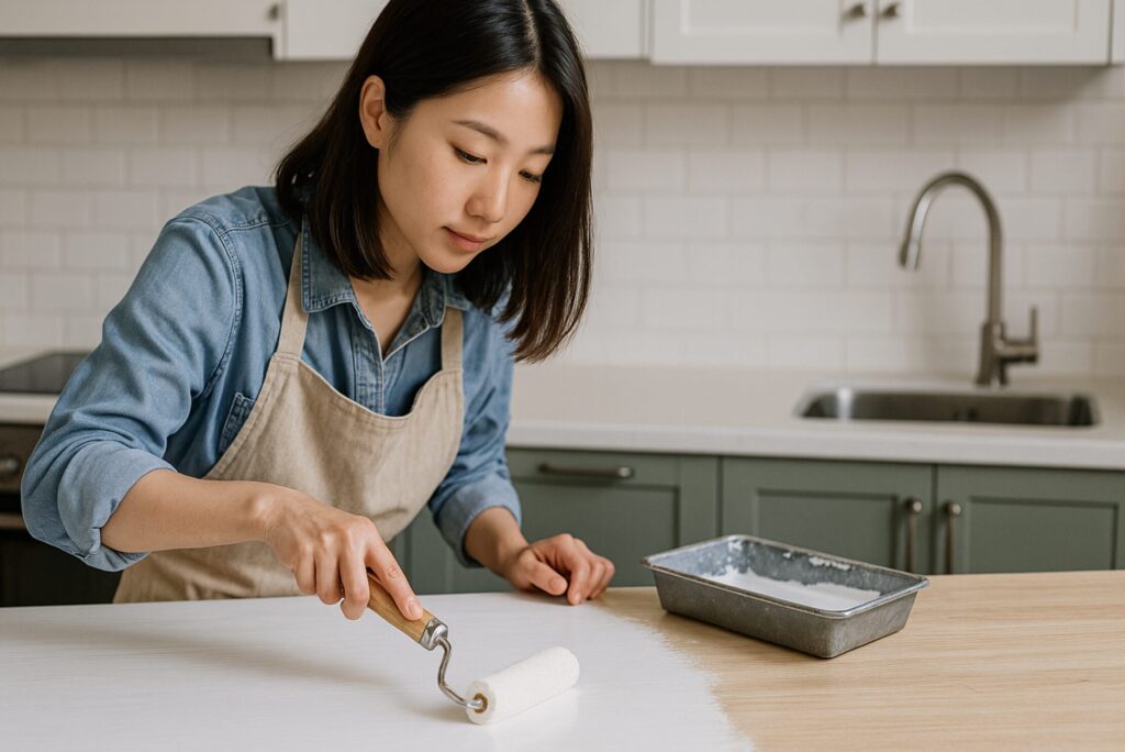 白塗装DIYでキッチンカウンターの色を変えたい。剥がれやすい部分の補修とDIY