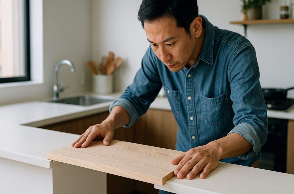 賃貸のキッチンカウンターの天板を広げる。リメイクシートのすすめ。奥行きを広げるための簡単DIY