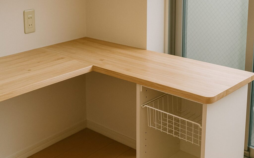 賃貸のキッチンカウンターの天板を広げる。リメイクシートのすすめ。カウンターキッチンの幅が狭い。広げたいときは