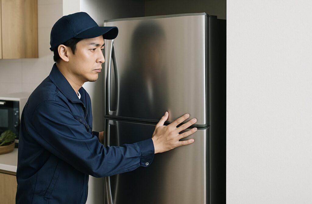 カップボードより冷蔵庫が飛び出るのを揃える。冷蔵庫の部分だけ壁をへこませることも可能？