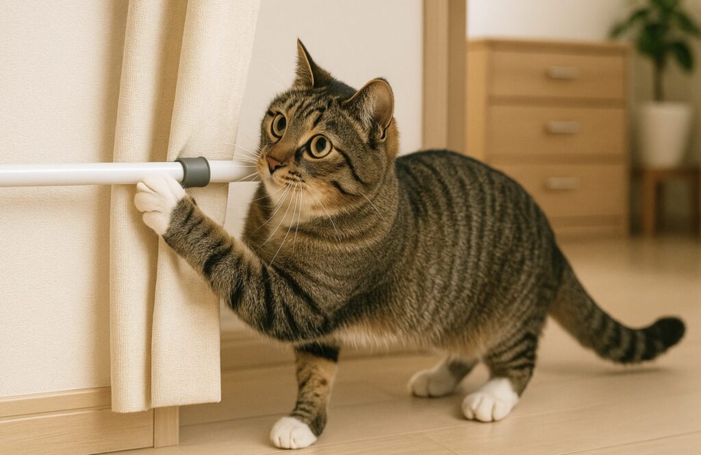 キッチンカウンターの猫対策DIY。侵入防止のカーテン活用法