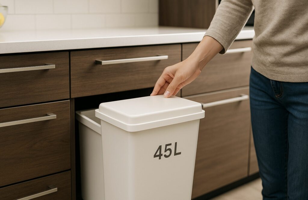 リクシルのカップボード、ノクトのゴミ箱収納やサイズ・色について。45Lのゴミ箱を使いやすく収めるコツ