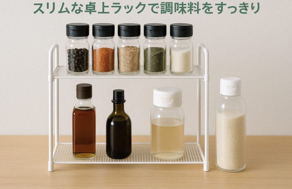 セリアなど100均のキッチンラック収納。スリムな卓上ラックで調味料をすっきり