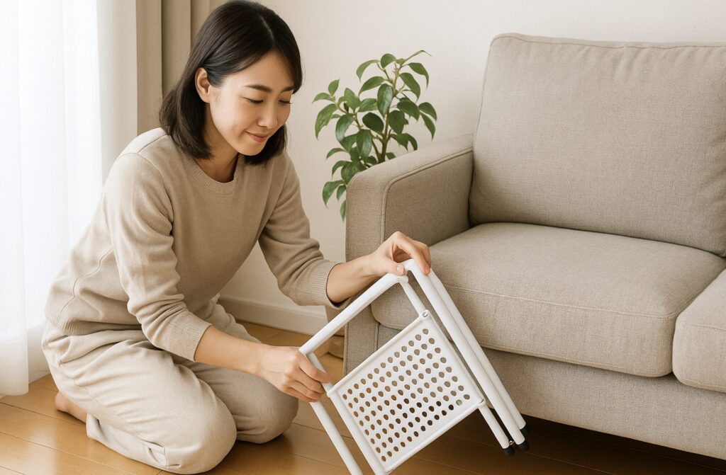 セリアなど100均のキッチンラック収納。折りたたみタイプで来客前もすぐ片付く